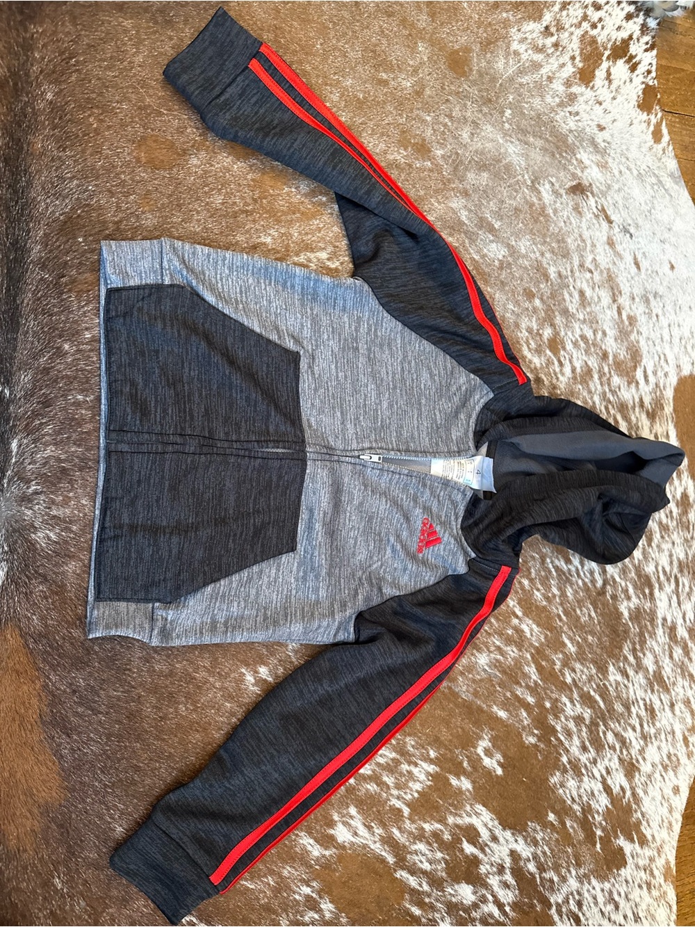 adidas Gray & Black Kids Hooded Zip Jacket with Red Stripe